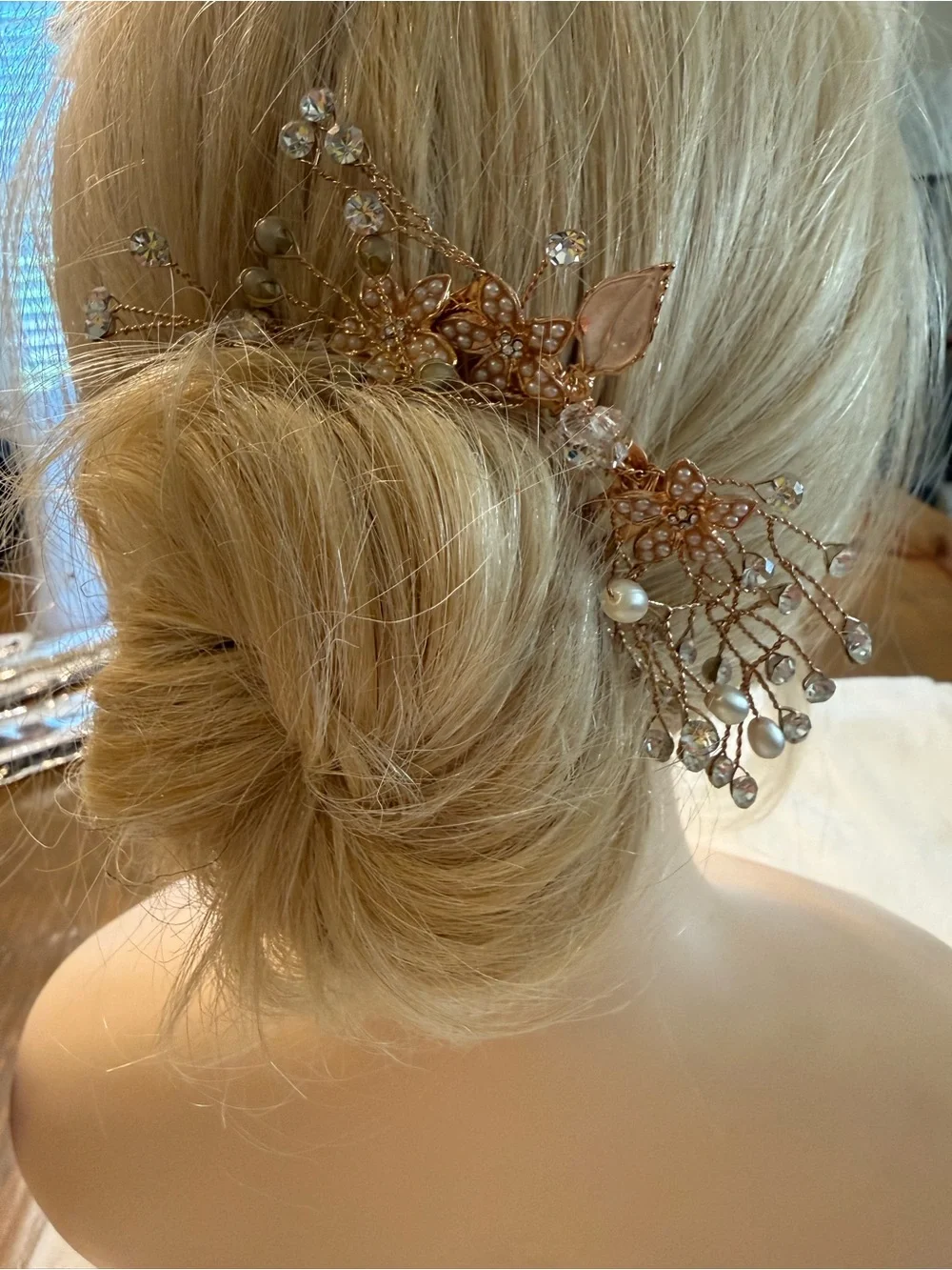 Bridal Rose Gold Pearl & Crystal Floral Hair Comb by Pink Pewter